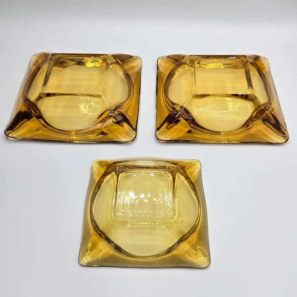 Set of 3 Vintage 1970s Anchor Hocking Amber MCM Glass Square Tapered Ashtray - Picture 6 of 10